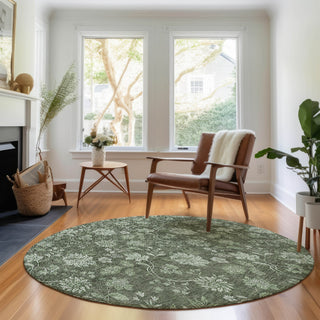 Piper Looms Mayfield Floral AMF680 Olive Machine Washable Area Rug Round Lifestyle Image Feature