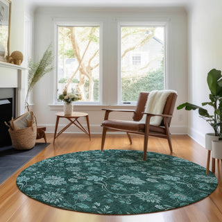 Piper Looms Mayfield Floral AMF680 Teal Machine Washable Area Rug Round Lifestyle Image Feature