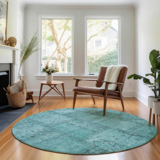 Piper Looms Mayfield Patchwork AMF685 Teal Machine Washable Area Rug Round Lifestyle Image Feature