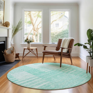 Piper Looms Mayfield Striped AMF686 Teal Machine Washable Area Rug Round Lifestyle Image Feature