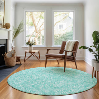 Piper Looms Mayfield Floral AMF691 Teal Machine Washable Area Rug Round Lifestyle Image Feature