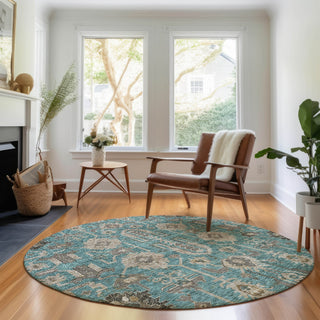 Piper Looms Mayfield Oriental AMF697 Teal Machine Washable Area Rug Round Lifestyle Image Feature