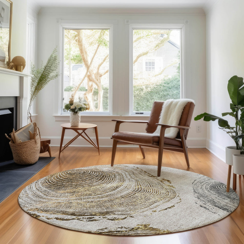 Piper Looms Mayfield Woodgrain AMF713 Taupe Machine Washable Area Rug Round Lifestyle Image Feature