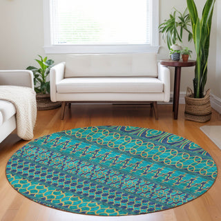 Piper Looms Mayfield Bohemian AMF726 Teal Machine Washable Area Rug Round Lifestyle Image Feature
