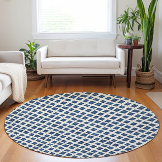 Piper Looms Mayfield Geometric AMF727 Navy Machine Washable Area Rug Round Lifestyle Image Feature