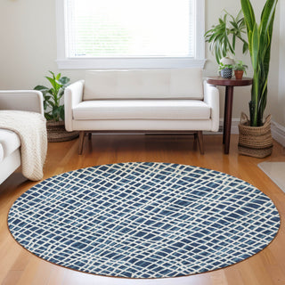 Piper Looms Mayfield Stripes AMF729 Navy Machine Washable Area Rug Round Lifestyle Image Feature
