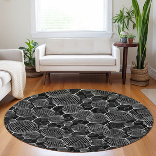 Piper Looms Mayfield Geometric AMF732 Black Machine Washable Area Rug Round Lifestyle Image Feature