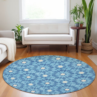 Piper Looms Mayfield Spiral AMF734 Denim Machine Washable Area Rug Round Lifestyle Image Feature