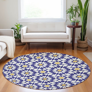 Piper Looms Mayfield Spiral AMF734 Navy Machine Washable Area Rug Round Lifestyle Image Feature