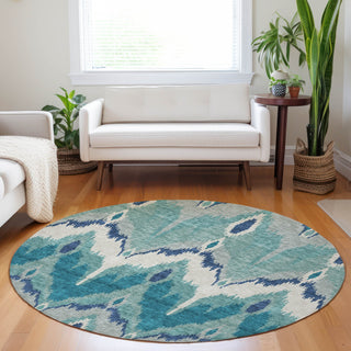 Piper Looms Mayfield Ikat AMF743 Teal Machine Washable Area Rug Round Lifestyle Image Feature