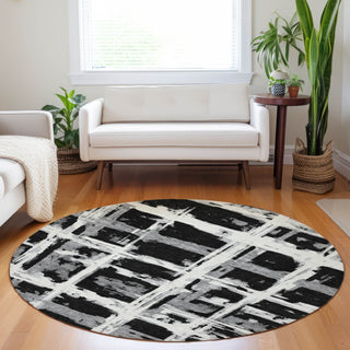 Piper Looms Mayfield Stripes AMF745 Black Machine Washable Area Rug Round Lifestyle Image Feature