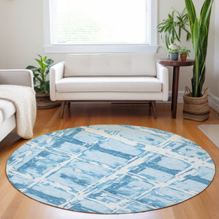 Piper Looms Mayfield Stripes AMF745 Sky Machine Washable Area Rug Round Lifestyle Image Feature