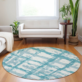 Piper Looms Mayfield Stripes AMF745 Teal Machine Washable Area Rug Round Lifestyle Image Feature
