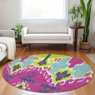 Piper Looms Mayfield Ikat AMF748 Pink Machine Washable Area Rug Round Lifestyle Image Feature