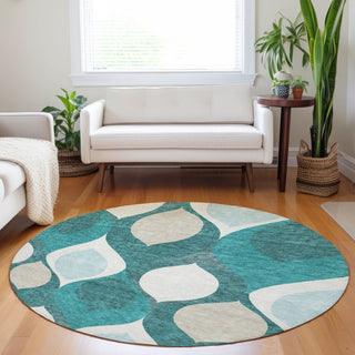 Piper Looms Mayfield Mid-century Modern AMF749 Teal Machine Washable Area Rug Round Lifestyle Image Feature