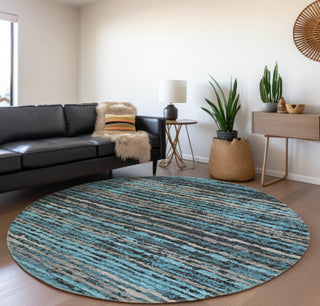 Piper Looms Mayfield Broken Stripes AMF75 Peacock Machine Washable Area Rug Round Lifestyle Image Feature