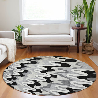Piper Looms Mayfield Waves AMF750 Black Machine Washable Area Rug Round Lifestyle Image Feature