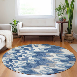 Piper Looms Mayfield Waves AMF750 Blue Machine Washable Area Rug Round Lifestyle Image Feature