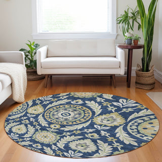 Piper Looms Mayfield Floral AMF751 Navy Machine Washable Area Rug Round Lifestyle Image Feature