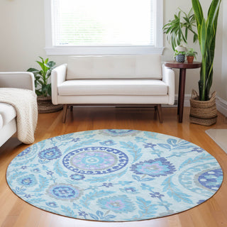 Piper Looms Mayfield Floral AMF751 Sky Machine Washable Area Rug Round Lifestyle Image Feature