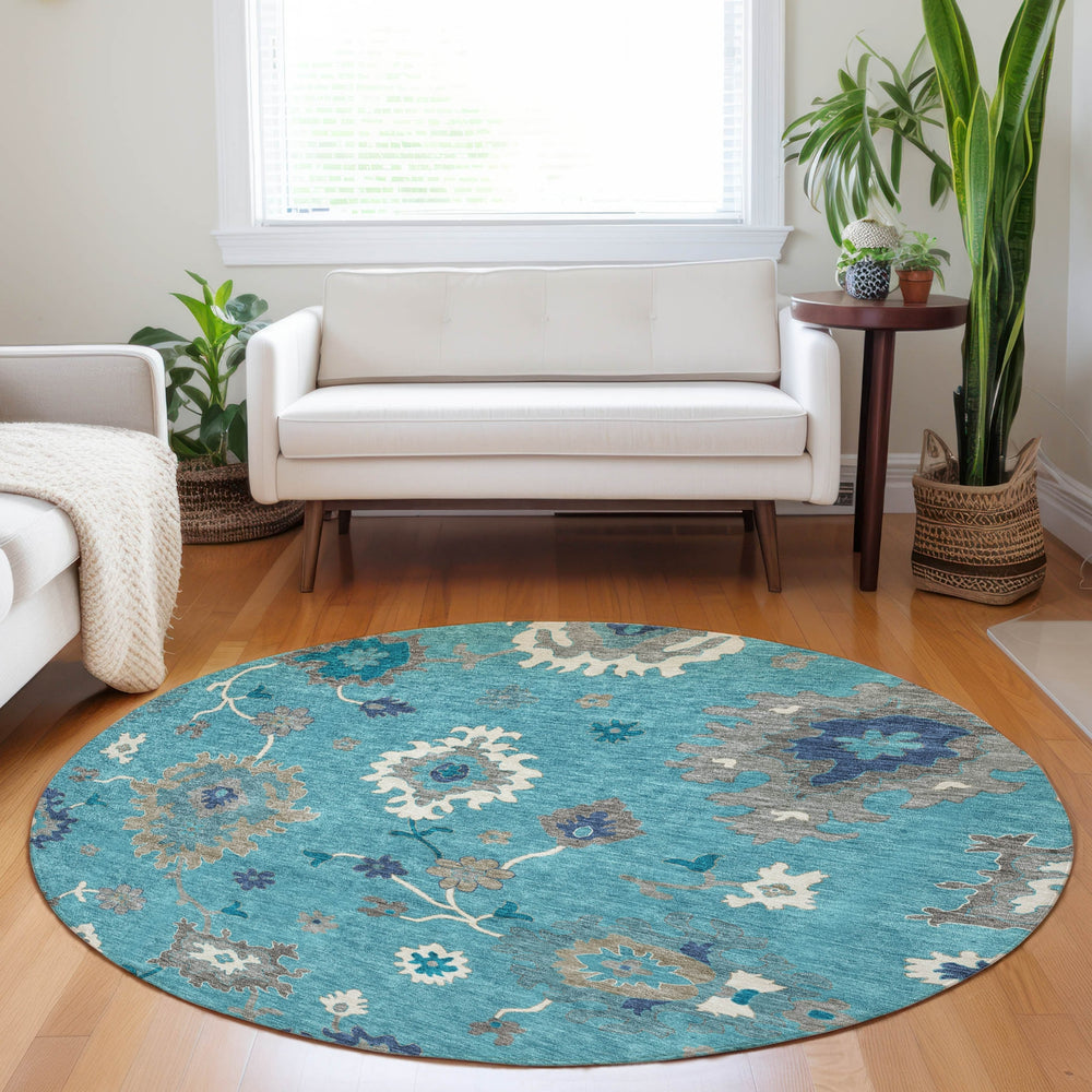 Piper Looms Mayfield Oushak AMF753 Teal Machine Washable Area Rug Round Lifestyle Image Feature