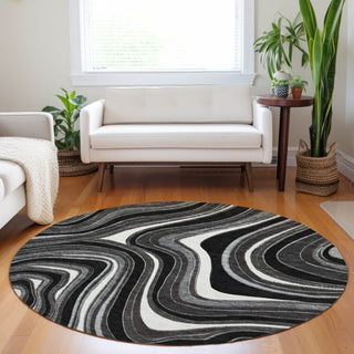 Piper Looms Mayfield Swirls AMF756 Black Machine Washable Area Rug Round Lifestyle Image Feature