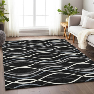 Piper Looms Mayfield Waves AMF757 Black Machine Washable Area Rug Lifestyle Image Feature