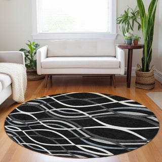 Piper Looms Mayfield Waves AMF757 Black Machine Washable Area Rug Round Lifestyle Image Feature