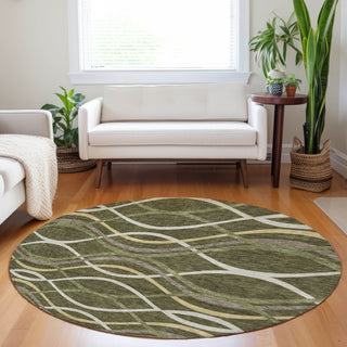 Piper Looms Mayfield Waves AMF757 Olive Machine Washable Area Rug Round Lifestyle Image Feature