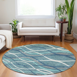 Piper Looms Mayfield Waves AMF757 Teal Machine Washable Area Rug Round Lifestyle Image Feature