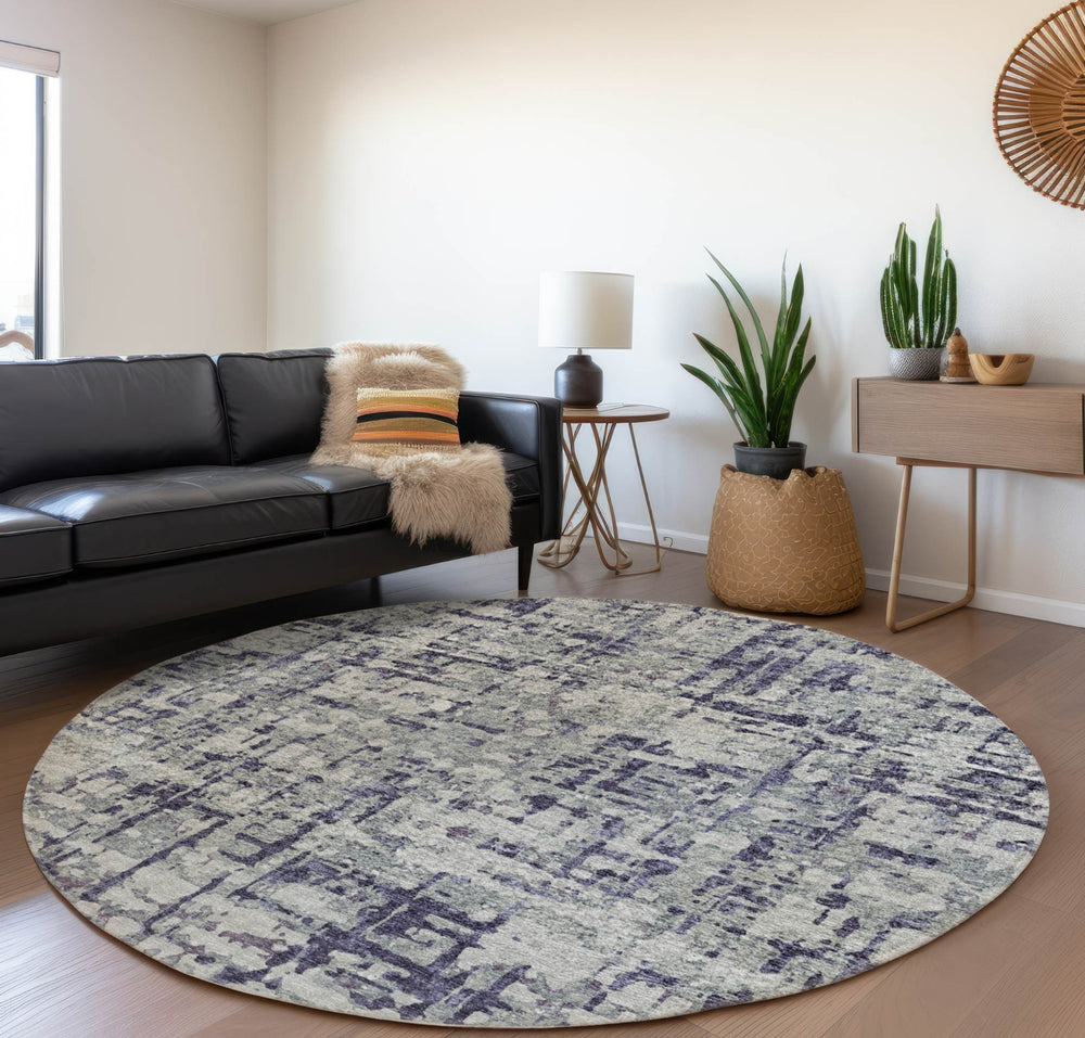 Piper Looms Mayfield Abstract Plaid AMF76 Purple Machine Washable Area Rug Round Lifestyle Image Feature