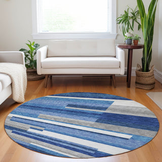 Piper Looms Mayfield Stripes AMF766 Blue Machine Washable Area Rug Round Lifestyle Image Feature