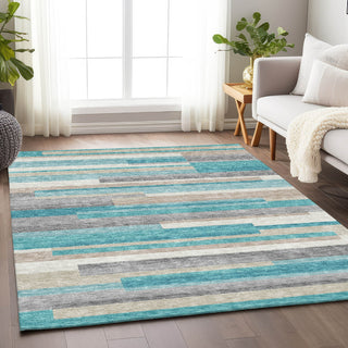 Piper Looms Mayfield Stripes AMF766 Teal Machine Washable Area Rug Lifestyle Image Feature
