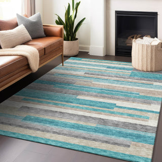 Piper Looms Mayfield Stripes AMF766 Teal Machine Washable Area Rug Lifestyle Image Feature