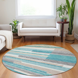 Piper Looms Mayfield Stripes AMF766 Teal Machine Washable Area Rug Round Lifestyle Image Feature