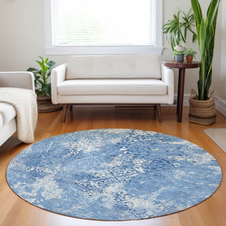 Piper Looms Mayfield Lattice AMF769 Blue Machine Washable Area Rug Round Lifestyle Image Feature