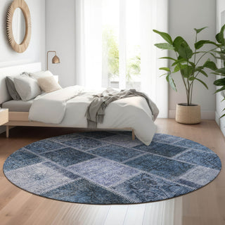 Piper Looms Mayfield Patchwork AMF772 Blue Machine Washable Area Rug Round Lifestyle Image Feature