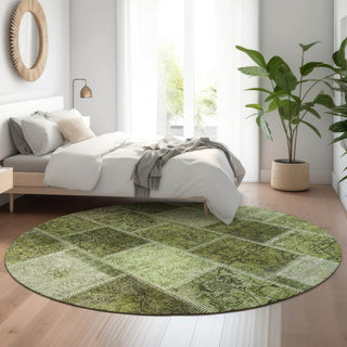 Piper Looms Mayfield Patchwork AMF772 Olive Machine Washable Area Rug Round Lifestyle Image Feature
