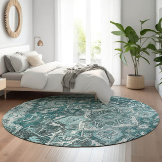 Piper Looms Mayfield Traditional AMF774 Teal Machine Washable Area Rug Round Lifestyle Image Feature