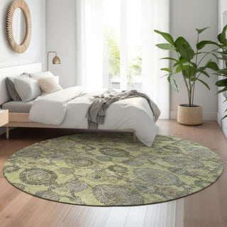 Piper Looms Mayfield Damask AMF821 Aloe Machine Washable Area Rug Round Lifestyle Image Feature