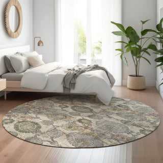 Piper Looms Mayfield Damask AMF821 Beige Machine Washable Area Rug Round Lifestyle Image Feature