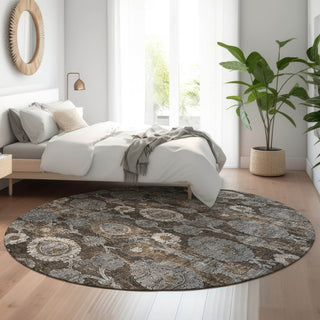 Piper Looms Mayfield Damask AMF821 Chocolate Machine Washable Area Rug Round Lifestyle Image Feature