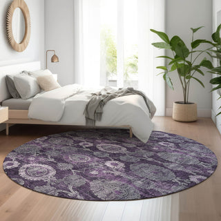 Piper Looms Mayfield Damask AMF821 Eggplant Machine Washable Area Rug Round Lifestyle Image Feature
