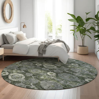 Piper Looms Mayfield Damask AMF821 Olive Machine Washable Area Rug Round Lifestyle Image Feature