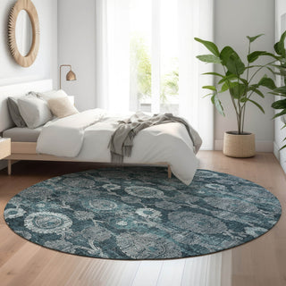 Piper Looms Mayfield Damask AMF821 Teal Machine Washable Area Rug Round Lifestyle Image Feature