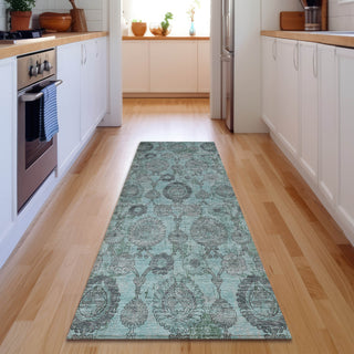 Piper Looms Mayfield Damask AMF821 Turquoise Machine Washable Area Rug Runner Lifestyle Image Feature