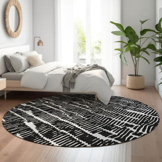 Piper Looms Mayfield Lines AMF830 Black Machine Washable Area Rug Round Lifestyle Image Feature