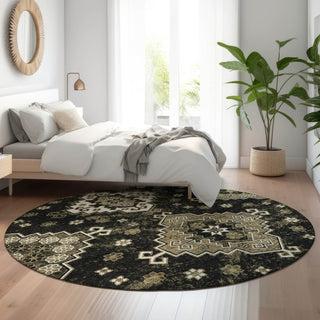 Piper Looms Mayfield Medallions AMF846 Black Machine Washable Area Rug Round Lifestyle Image Feature