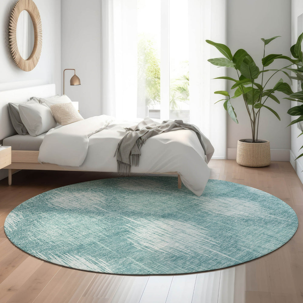 Piper Looms Mayfield Ikat AMF849 Teal Machine Washable Area Rug Round Lifestyle Image Feature