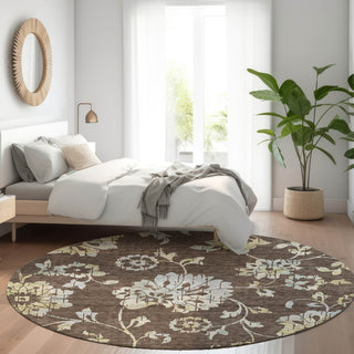 Piper Looms Mayfield Floral AMF856 Chocolate Machine Washable Area Rug Round Lifestyle Image Feature
